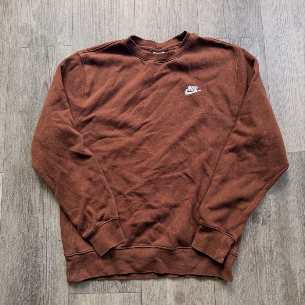 Nike Club Fleece Crewneck Sweatshirt Womens Small Brown Embroidered Swoosh